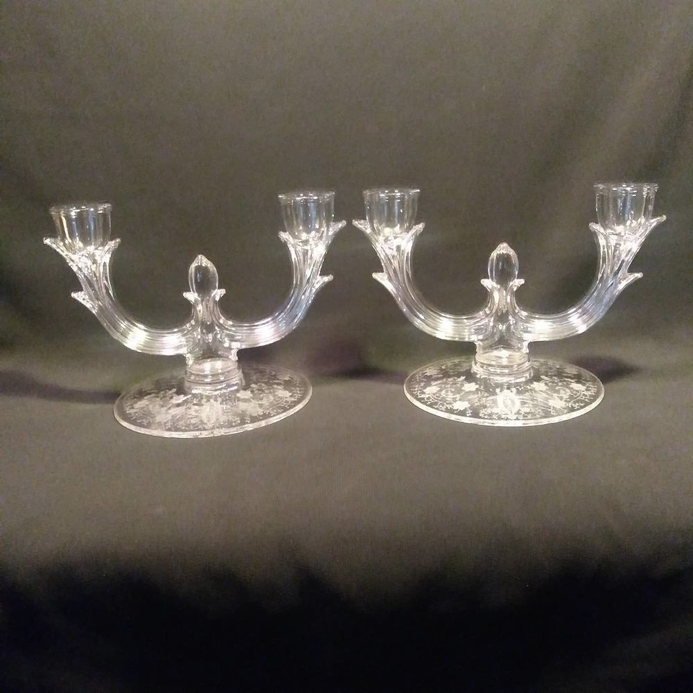 2 New Martinsville Double Candlestick Holders Etch is Prelude